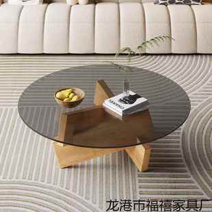 H1122玻茶几家璃组用小户型实木圆形茶几客厅现简代创意合约时尚