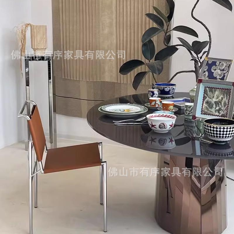 餐椅罗克布伦椅设计师家用不锈钢加厚马鞍皮靠背椅子餐桌椅北欧风