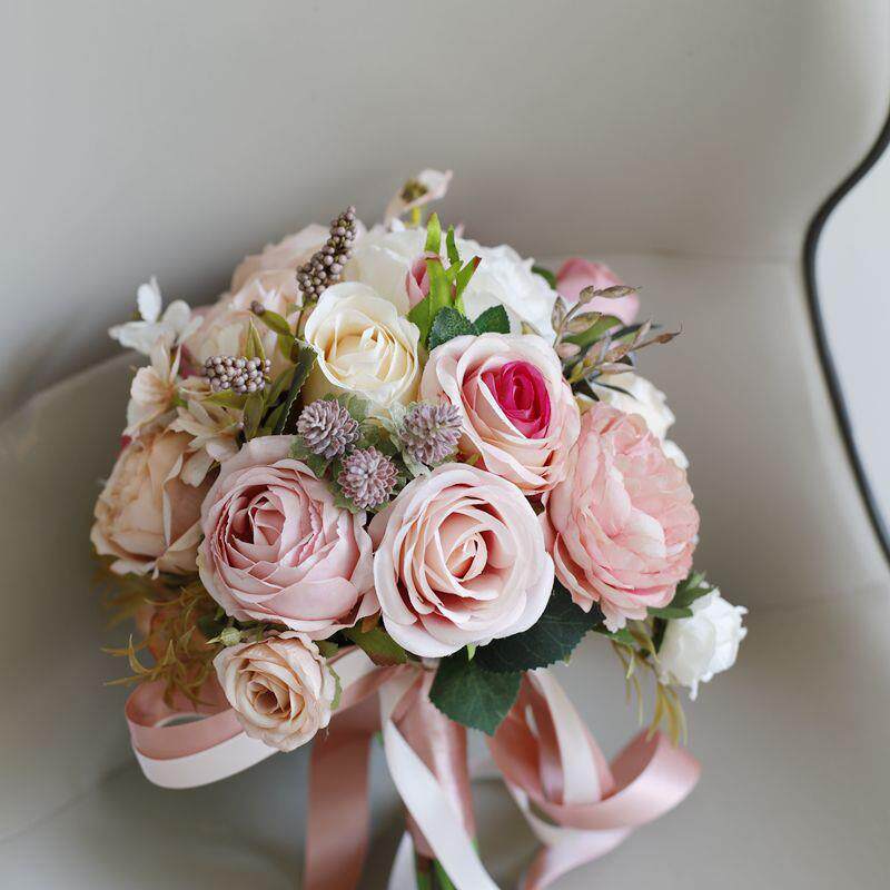韩式欧式玫粉色仿真玫瑰新娘伴娘婚礼手捧花拍照写真道具花束