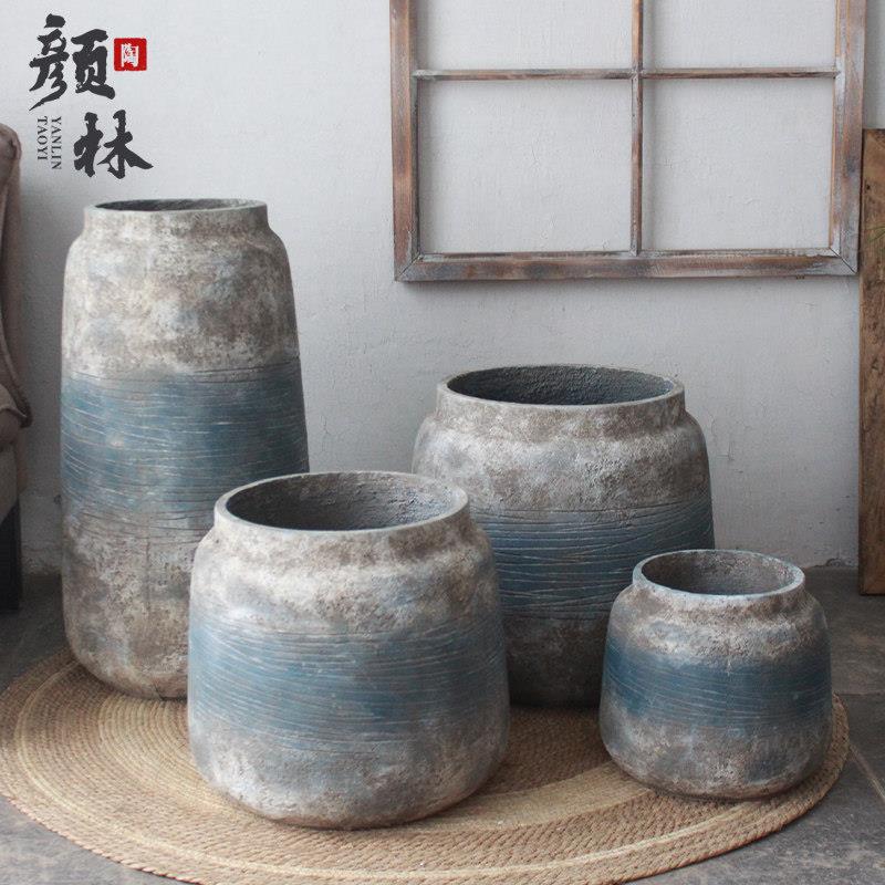 老墙色花器花盆大口花瓶装饰盆器软装花瓶寂风花瓶罐覆古大花盆