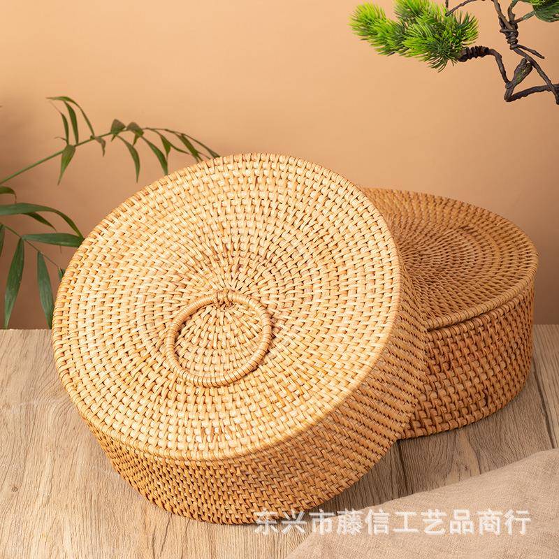越南秋藤编零食糖果篮家用创意分隔带盖收纳筐客厅茶几桌面收纳盒