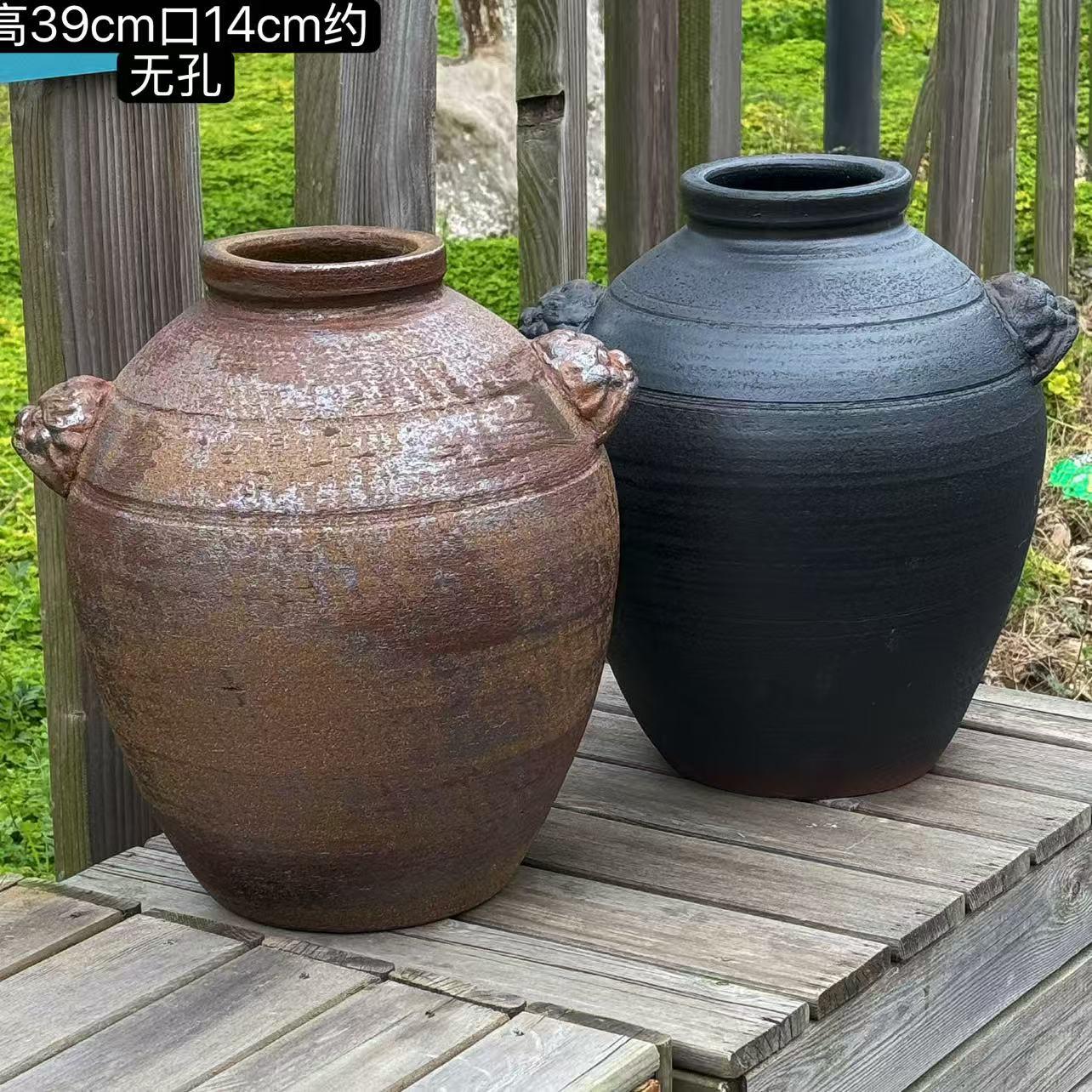 新中式侘寂黑色粗陶罐陶瓷花瓶摆件复古大肚插花现代花器高级感