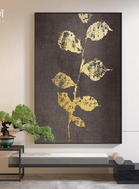 新中式轻奢金色叶子古典茶室客厅样板间装饰画玄关壁画竖版挂画