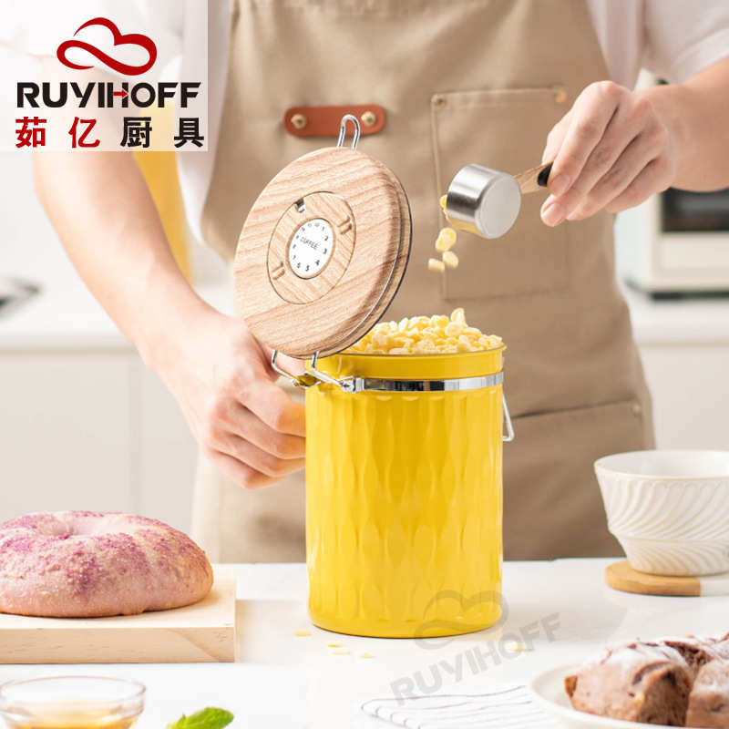 储存罐咖啡粉密封罐带勺咖啡豆排气密封罐不锈钢带时间控制器