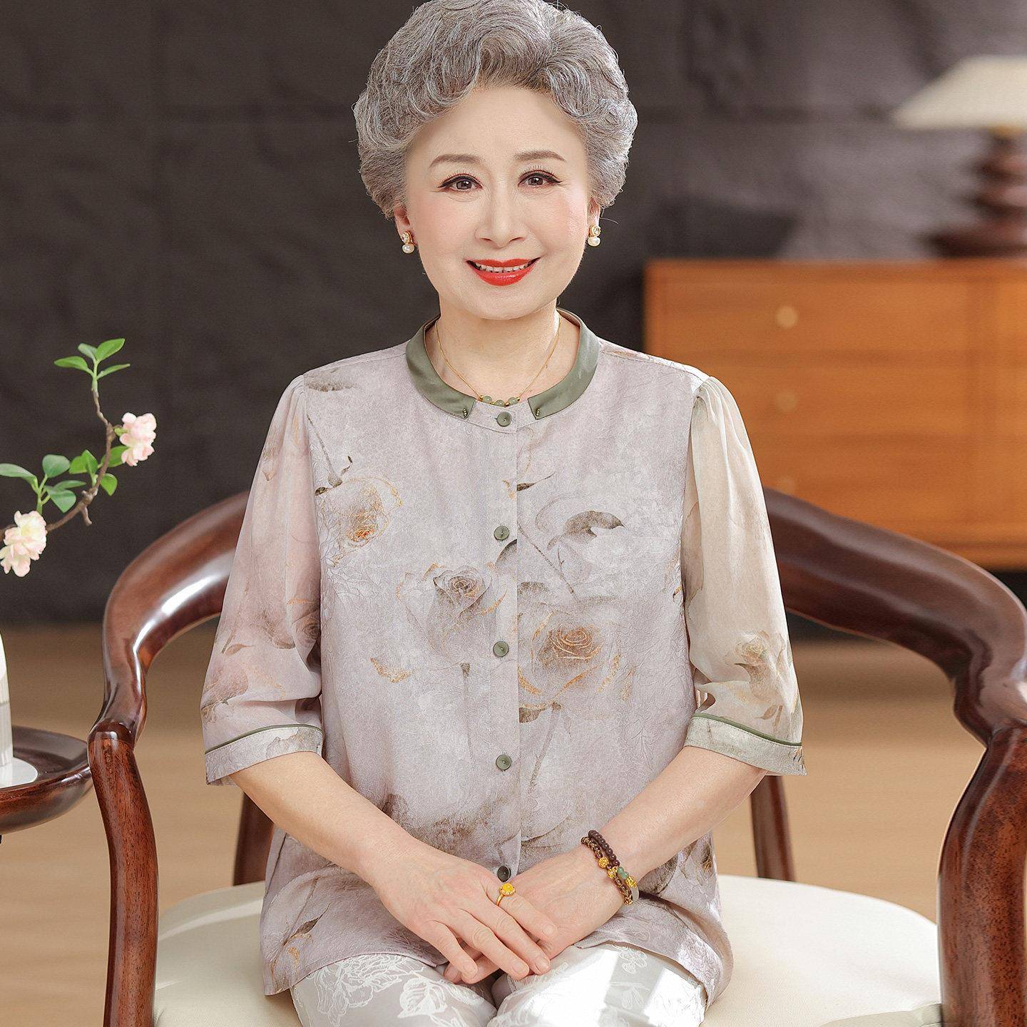 中老年人衬衫女开衫夏装桑蚕丝100%套装大码奶奶真丝立领上衣薄款