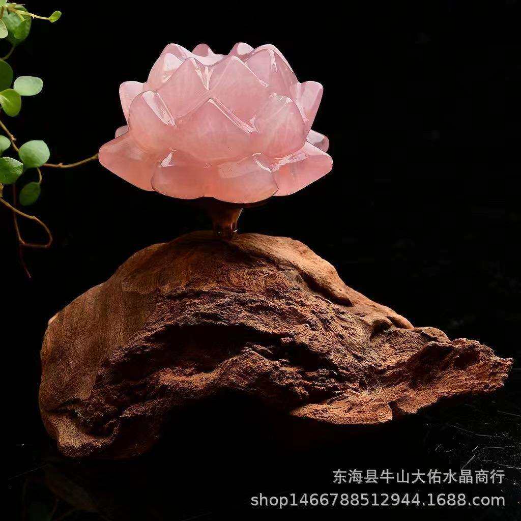 天然粉水晶悟道莲花小摆件汽车摆件佛系摆件芙蓉石家居饰品可插香