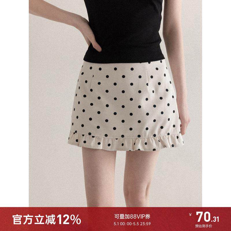 羊城故事 法式杏色波点荷叶边a字半身裙女夏季减龄辣妹高腰短裙子