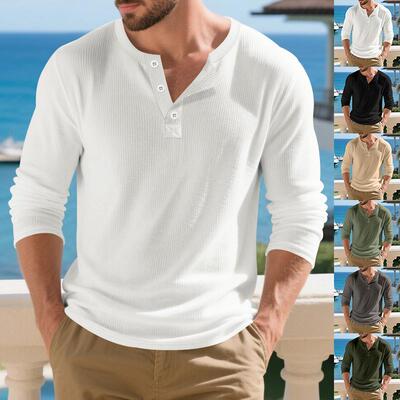 Men Sleeve Knit Shirt Casual Color Henley Spring Fall