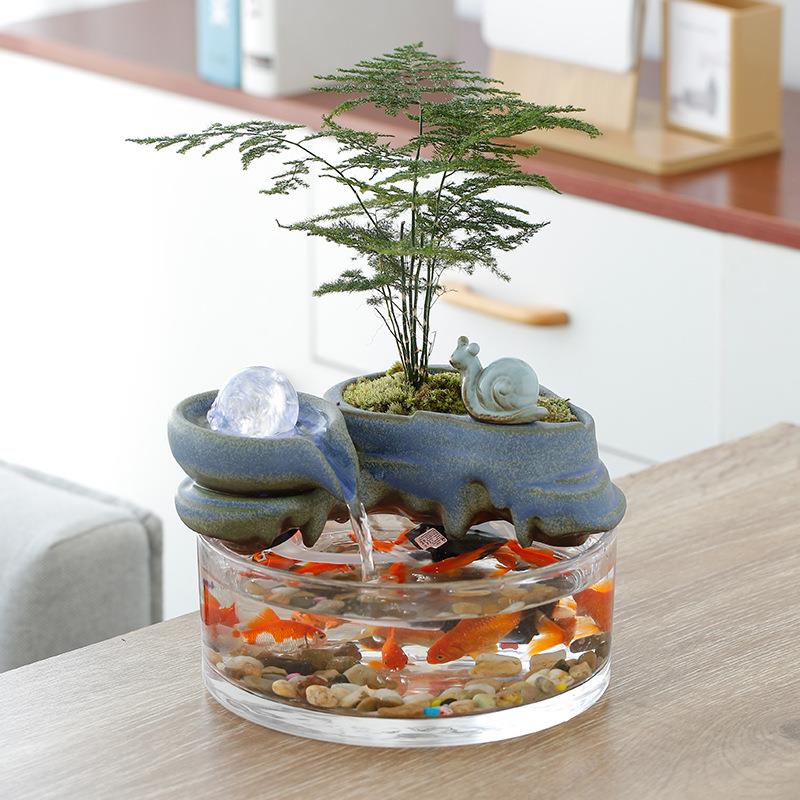 中式时来运转流水玻璃鱼缸小摆件创意家用办公室桌面绿植景观装饰