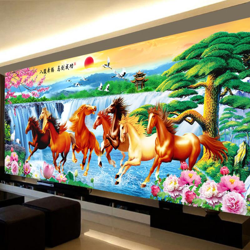 钻石画满钻客厅马到成功新款钻石绣黏贴点钻八骏图十字绣大幅风景