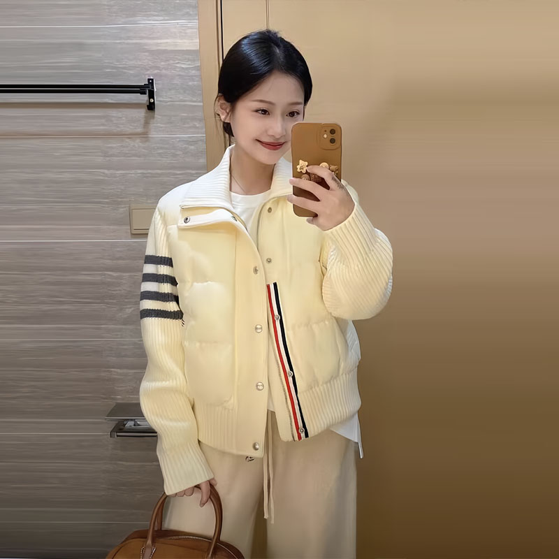 韩国高级感时尚条纹撞色短款羽绒棉袄女2024年冬季新款小个子棉服