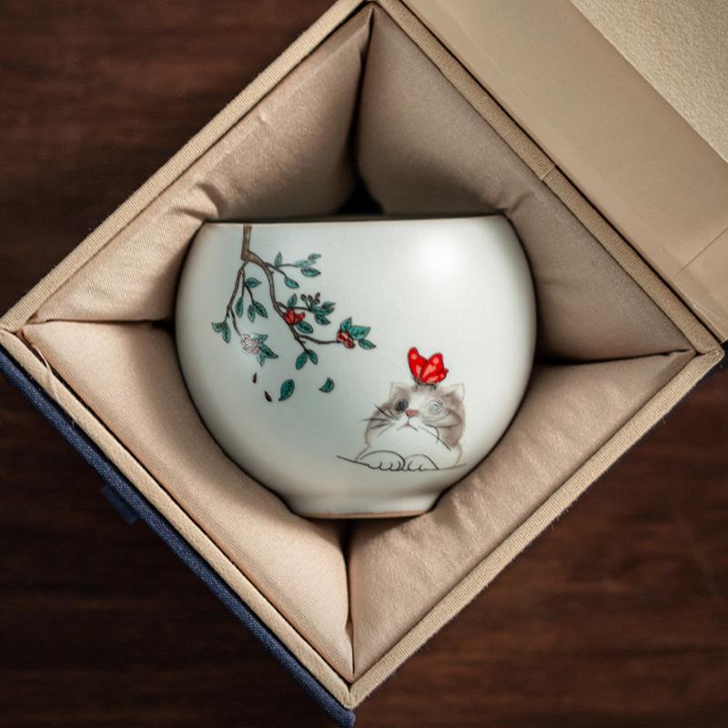 可养开片茶盏陶瓷汝窑茶杯主人礼盒大号冰品茗杯功夫杯子裂纹单杯