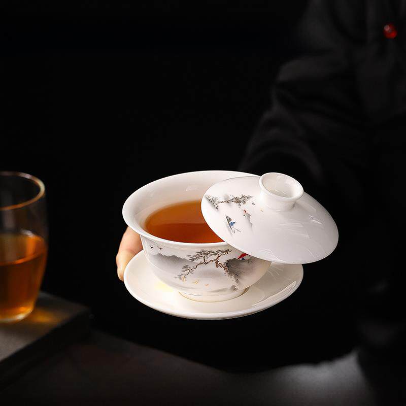 大容量悬浮式羊脂玉盖碗茶高端陶瓷三彩大碗白瓷防烫功夫茶具