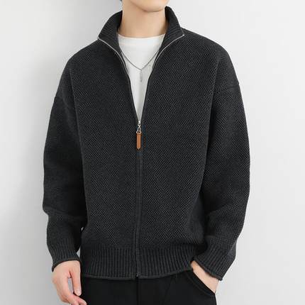 男士针织开衫外套秋季高级感日系潮流宽松纯色夹克立领外穿1215u