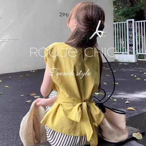 法国rouje chic蝴蝶结收腰无袖衬衫T恤条纹宽裤两件套套装女夏