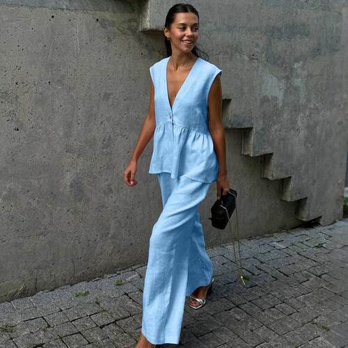 Set deep sleeveless top straight leg pants set