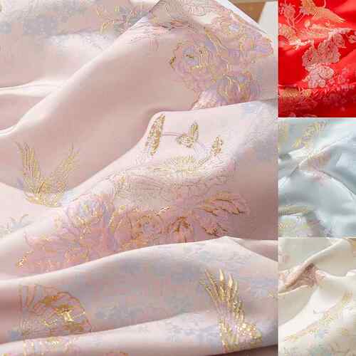 多色浮雕仙鹤幸福长寿织锦缎服装金线布料丝绸缎子面料汉服