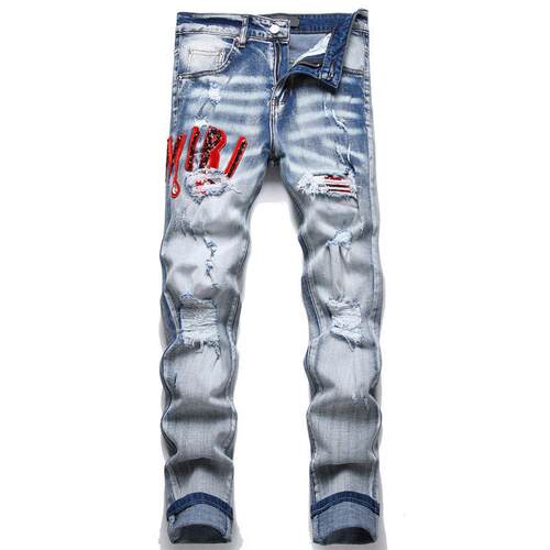 Men Ripped Punk Stretch Jeans 男士破洞贴布弹力小脚牛仔裤