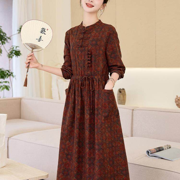 Ocnltiy新中式复古盘扣碎花连衣裙女秋冬季抽绳收腰气质棉麻长裙