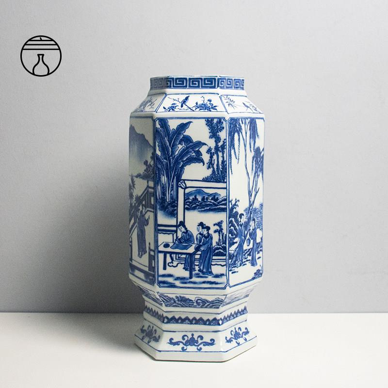 青花人物六方形灯笼瓶景德镇陶瓷器桌面摆件中式覆古客厅玄关软装