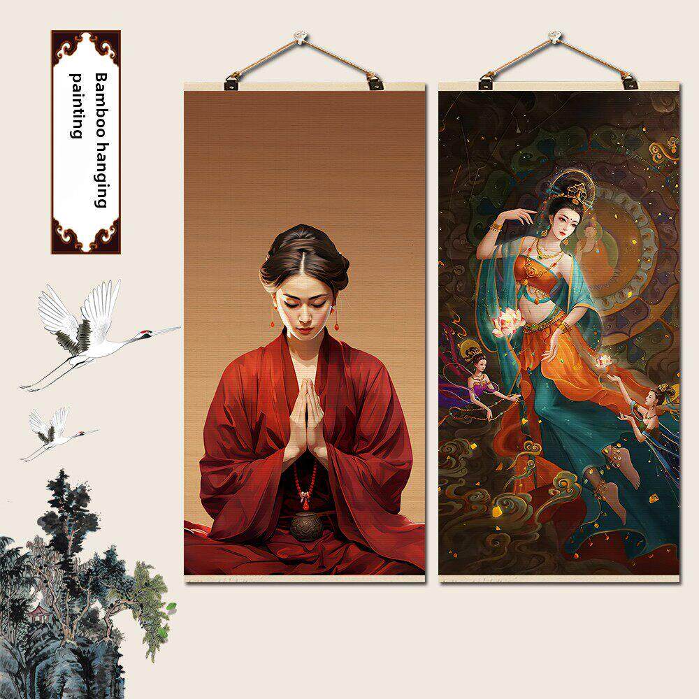 古代美女画仕女图人物中式竹帘片卷轴挂画客厅餐厅玄关装饰墙壁画