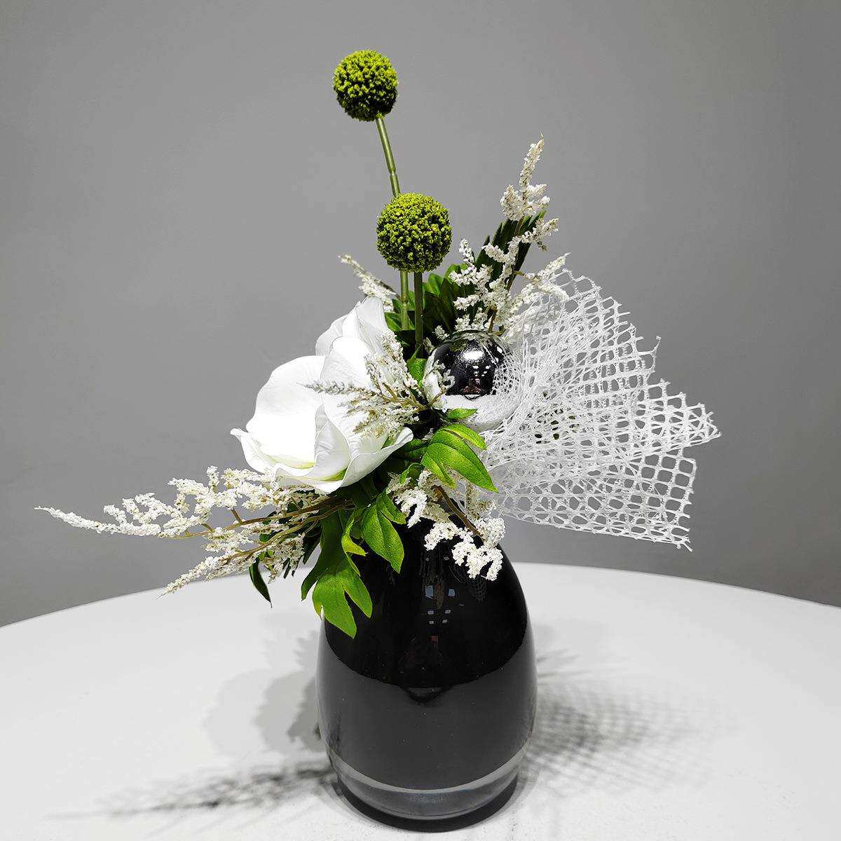现代轻奢玻璃花器绿色花艺仿真绿植酒店洽谈桌客房茶几桌面小花艺
