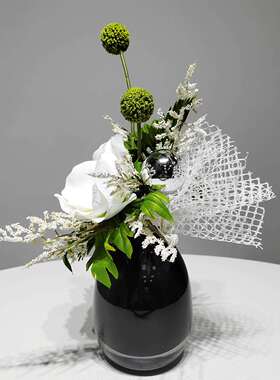 现代轻奢玻璃花器绿色花艺仿真绿植酒店洽谈桌客房茶几桌面小花艺