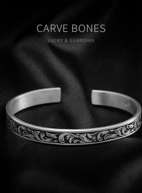 高档刻骨手工林奢赛精雕s925纯礼银配饰侣个性物轻饰品开口唐草情