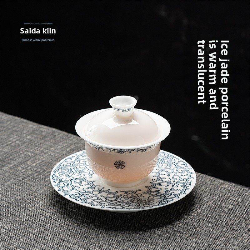冰种玉瓷盖碗德化白瓷功夫茶具敬茶碗高档青花羊脂玉瓷上釉泡茶器