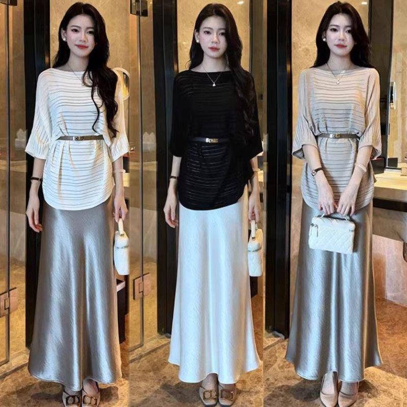 香港代购时尚套装裙女春夏新款显瘦条纹中袖上衣缎面半身裙两件套