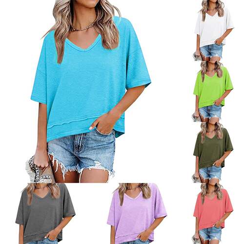 New Spring Summer Women's Solid V-Neck Half Sleeve T-Shirt