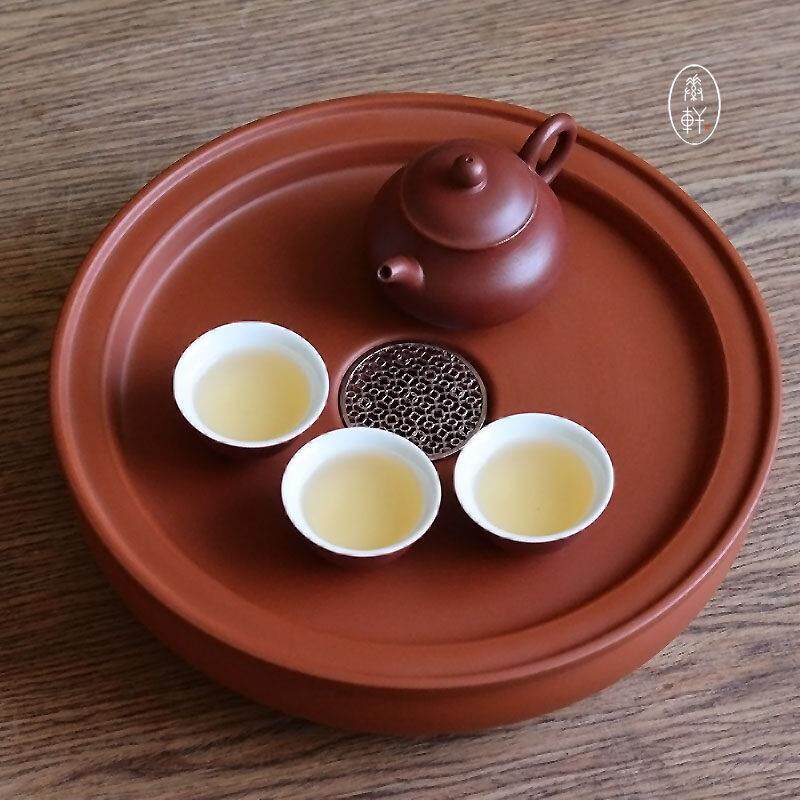 潮汕圆形朱泥工夫茶盘红色壶承储水式茶海托盘茶台广式茶具干泡台