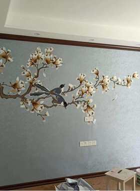 独绣刺绣花鸟墙布背景客厅沙发卧室无缝壁布玉兰新中式壁画新款