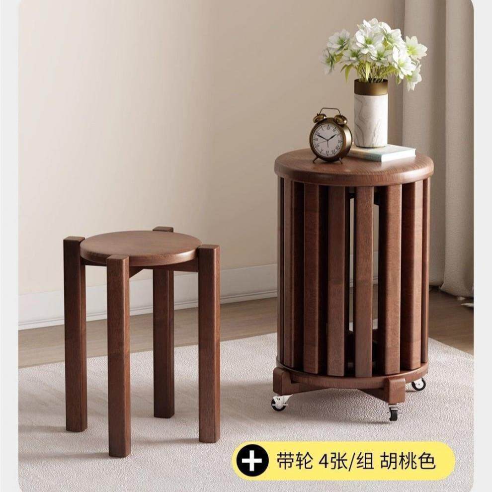 带轮叠叠凳仿实木餐椅家用休闲椅现代简约餐厅边几可移动叠叠凳