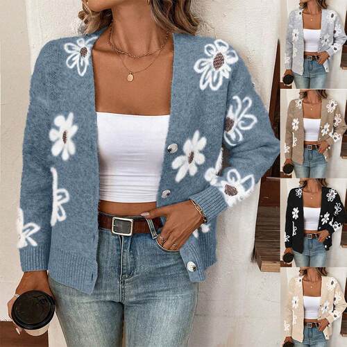 Floral Print Button Front Cardigan, Casual Drop Shoulder V