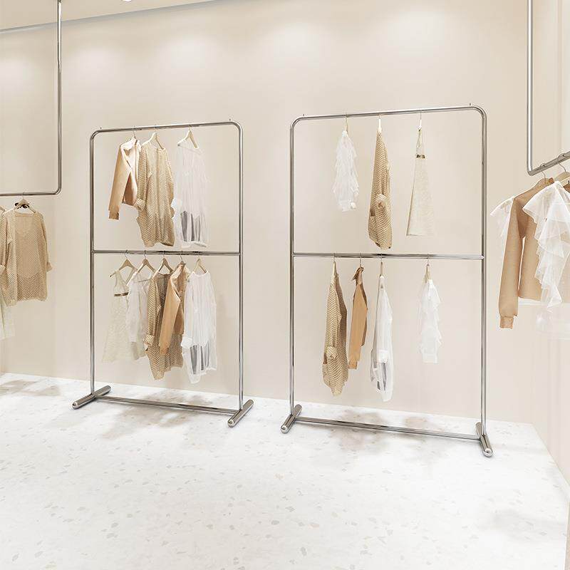 服装店展示架陈列道具不锈钢双层中岛架银色服装架落地式货架