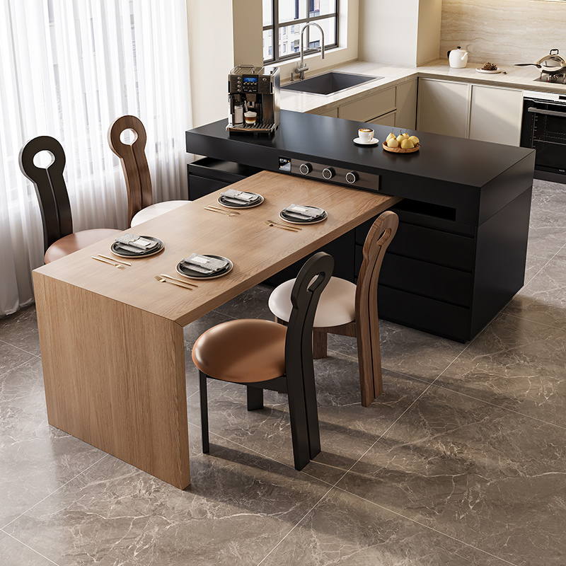 法式旋转伸缩岩板中岛台餐桌一体小户型开放式厨房岛台餐桌多功能