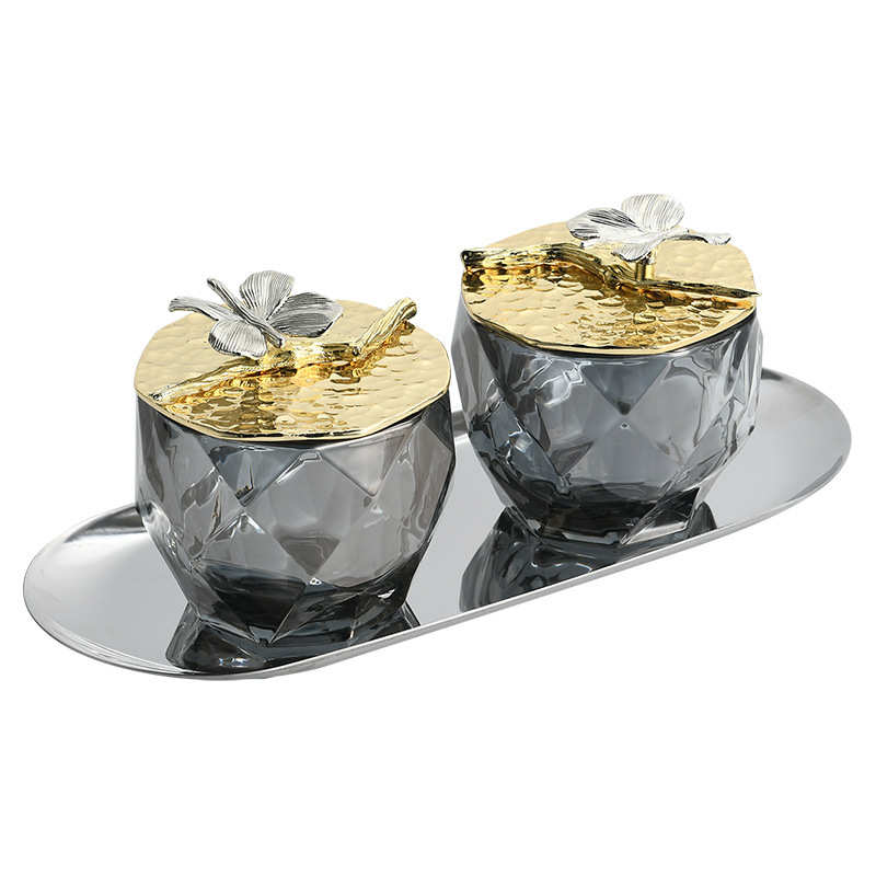 烟灰色玻璃储物罐蝴蝶样板间客厅餐厅售楼处桌面软装饰品摆件