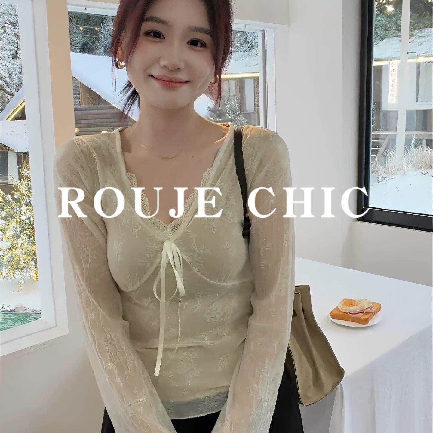 法国rouje chic法式高级感蕾丝钩花V领打底衫女早春绝美长袖上衣