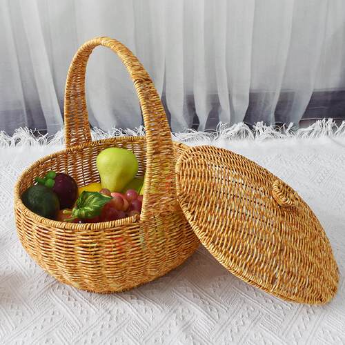 买一送一彷藤编带盖手提篮购物篮户外野餐收纳筐买菜篮水果面包篮
