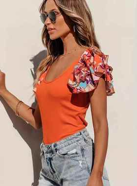 T-shirt Girls Short Outing Slim Ruffled for Fit Casual