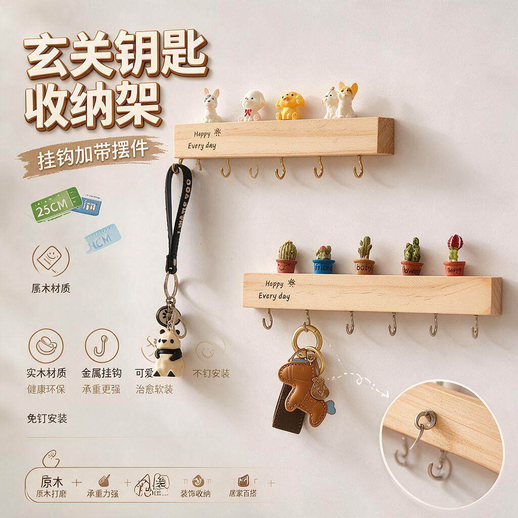 收纳挂钩玄关壁挂式钥匙架实木入户门墙上钥匙门口创意挂架摆件