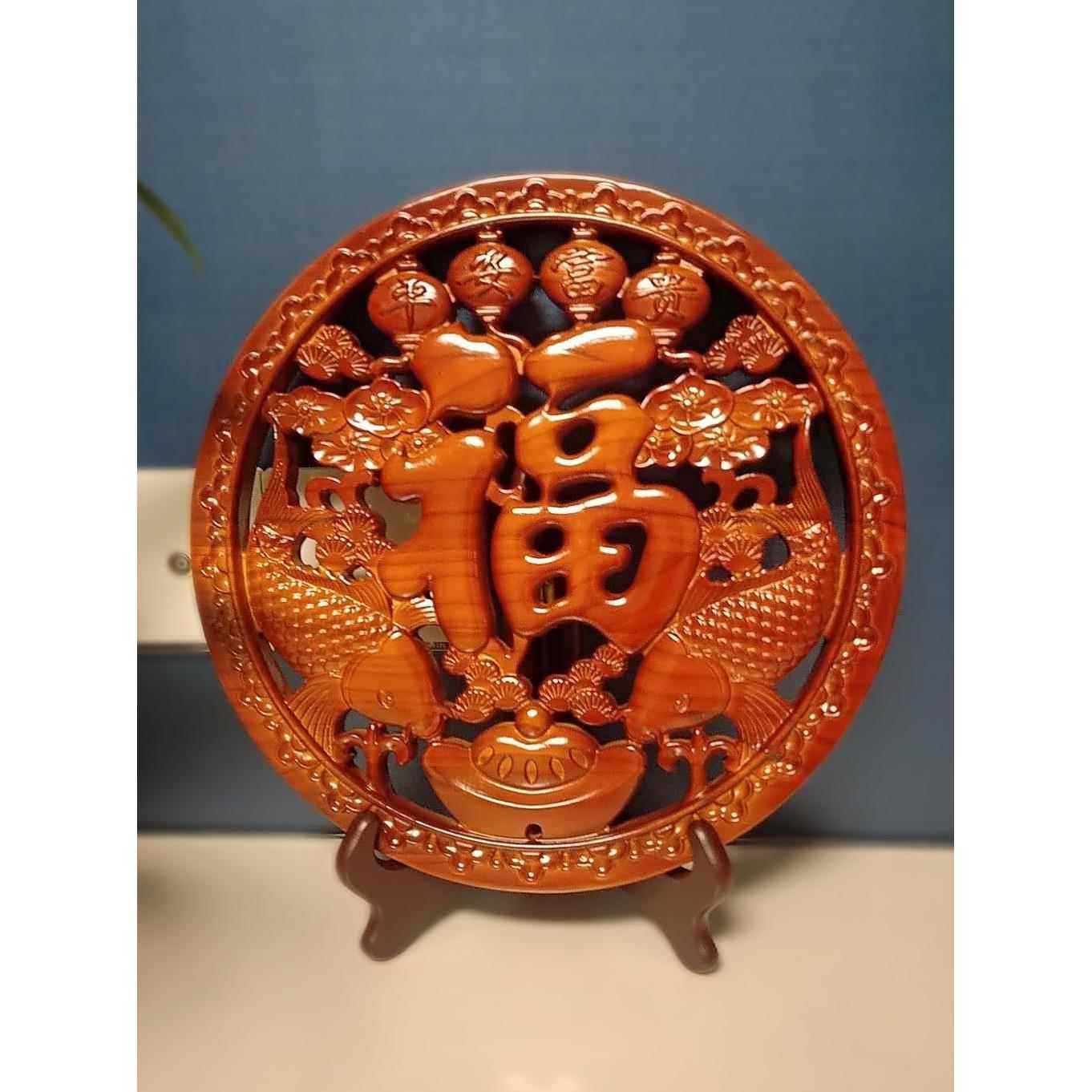 天然桃木双鱼福字摆件平安富贵圆形实木雕中国结挂件客厅家居装饰