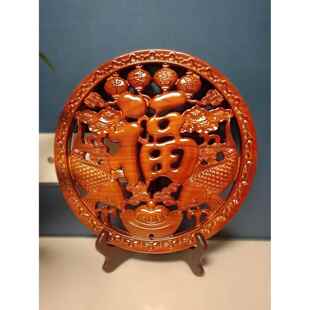 饰 天然桃木双鱼福字摆件平安富贵圆形实木雕中国结挂件客厅家居装