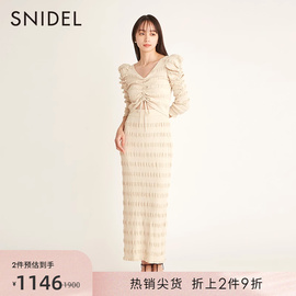 SNIDEL春夏款甜美V领泡泡袖抽褶棉针织连衣裙SWNO231205