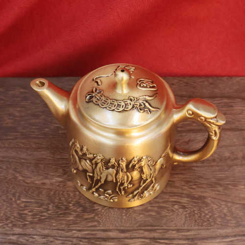 黄铜马到成功浮雕茶壶手提壶泡八骏马茶壶家用茶壶茶具家居装饰品