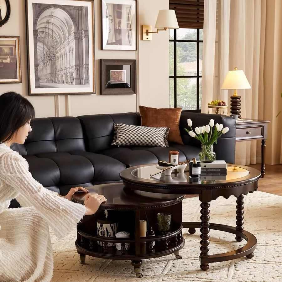 法式复古茶几实木客厅小户型简约组合圆形电视柜家用美式玻璃茶桌