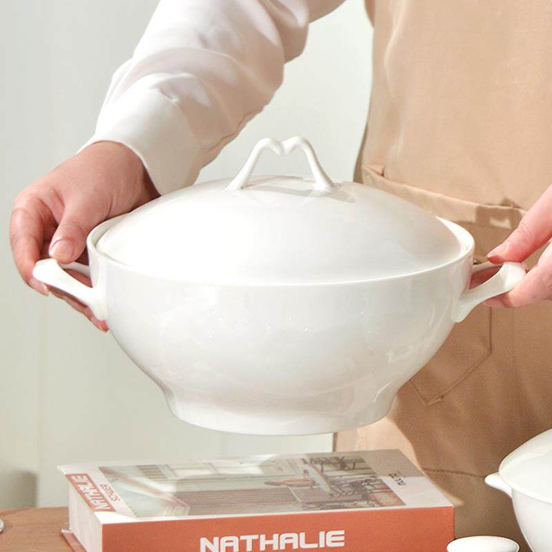 纯白骨瓷品锅带盖大汤碗陶瓷汤盆双耳汤碗创意个性家用大号大碗