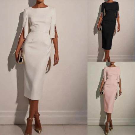A women's camel-colored  mid-sleeve  boat-neck