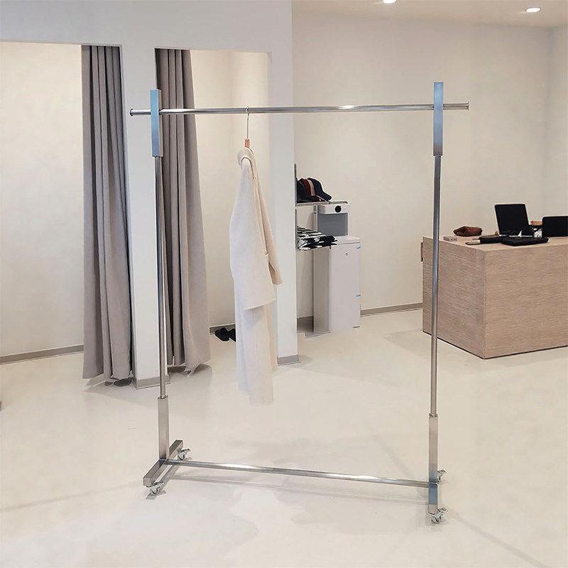 服装店展示架不锈钢带轮落地架女装店中岛架拉丝银挂衣架陈列货架